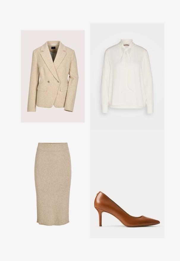 Beige double-breasted blazer gemaakt van gestructureerde visgraatstof. Heeft revers met inkeping, twee voorzakken en goudkleurige knopen.; Witte blouse met lange mouwen en een striknekontwerp, met een soepele textuur en een relaxte pasvorm. Eenvoudig en elegant, zonder extra patronen.; Gebreide rok in een lichtbeige kleur met een verticale ribstructuur, knie lengte met een elastische tailleband en een rechte snit.; Bruine leren damespump met spitse neus en een smalle middenhoge hak op een effen lichte achtergrond.