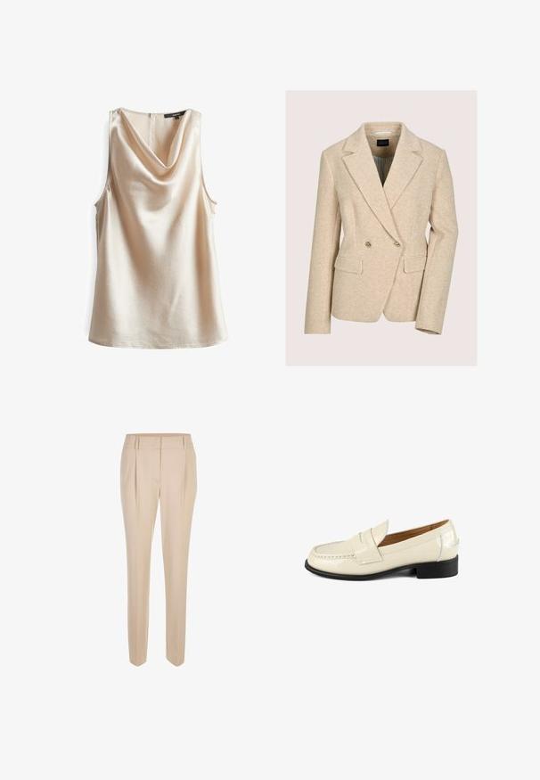 Blazer beige à double boutonnage en tissu chevron texturé. Comprend des revers crantés, deux poches avant, et des boutons dorés.; Haut sans manches à col drapé en beige clair, en tissu texturé avec un subtil éclat. Présente une fermeture éclair au dos et une coupe ample.; Pantalons ajustés beige avec plis sur le devant, passants de ceinture et une taille propre, présentés sur un fond blanc.; Mocassin en cuir verni beige avec un bout rond et des accents de couture décoratifs. Il présente un petit talon noir et un design facile à enfiler.