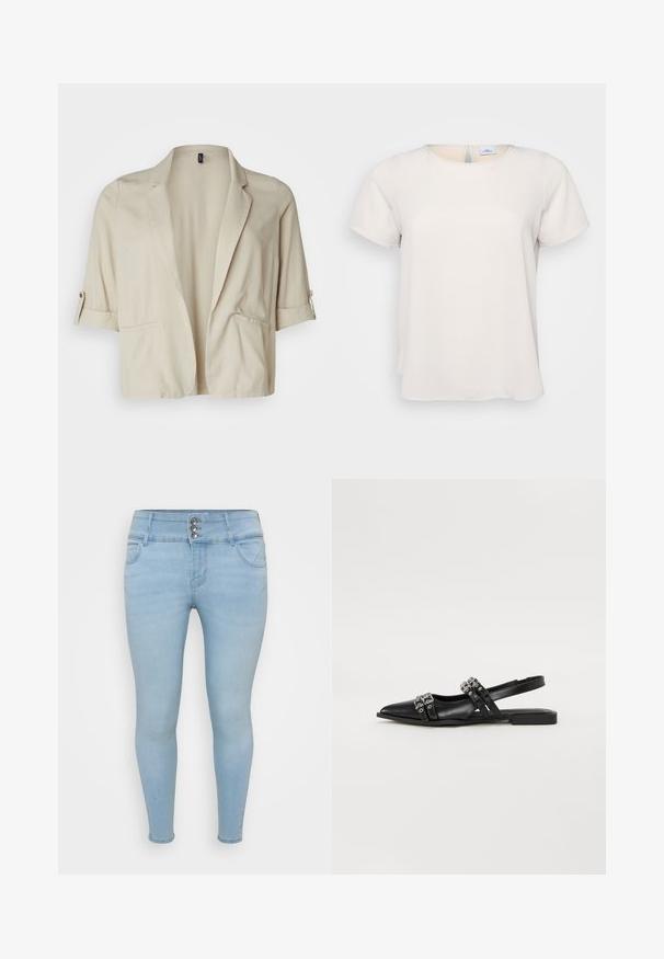 Beige lühike bleiser, mis on valmistatud kerge materjali abil, varruka tipud on põlvedel ja sellel on kaks eesmist taskut. Sujuv tekstuur.; Lühikeste varrukatega, ümmarguse kaelusega tipp heledast beežist kangast, millel on sile tekstuur; omab võtmeaugu tagumist detaili ja lõdva istuvust.; Heledsinised kitsad teksad, mis on valmistatud denimist. Omavad kolme nupuga sulgemist, kahte eesmist taskut ja sujuvat tekstuuri.; Even&Odd Kannarihmaga baleriinad - black