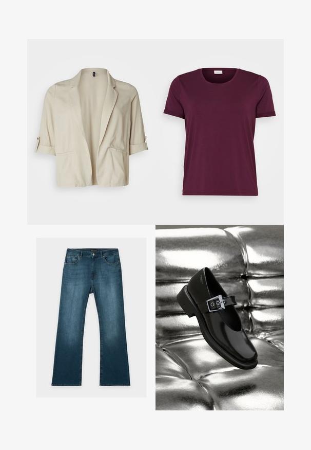 Beiger, taillierter Blazer aus leichtem Stoff, mit Reverskragen, hochgerollten Ärmeln und zwei vorderen Taschen. Glatte Textur.; Bordeauxrotes Kurzarm-T-Shirt aus weichem Stoff, mit Rundhalsausschnitt und umgeschlagenen Ärmeln, das eine glatte Textur und einen lässigen Schnitt aufweist.; Blaue Jeans mit geradem Bein, vorderen und hinteren Taschen, Knopf- und Reißverschluss und dezenten verblassten Details an Oberschenkeln und Knien.; Schwarze Leder-Mary-Jane-Schuhe mit quadratischer Zehenform, einem silbernen Schnallenakzent und einem robusten, niedrigen Absatz, vor einem glänzenden silbernen Hintergrund.