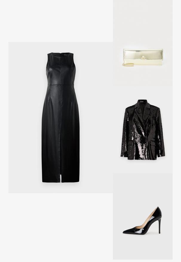 Blazer negro de lentejuelas con mangas largas, cuello con muesca, dos bolsillos frontales y un forro interior suave. Textura de superficie brillante.; Vestido negro sin mangas de cuero, con un diseño ajustado, corte a la altura de la rodilla y una sutil abertura frontal. Detalle de cierre de cremallera en la parte posterior.; Zapato de tacón alto de charol negro con un diseño de punta afilada y una silueta elegante. Presenta un acabado suave y brillante y un tacón de aguja esbelto.; Bolso de mano metálico dorado con un diseño de sobre, textura suave y una correa de cadena. Presenta un logo distintivo en la parte frontal.