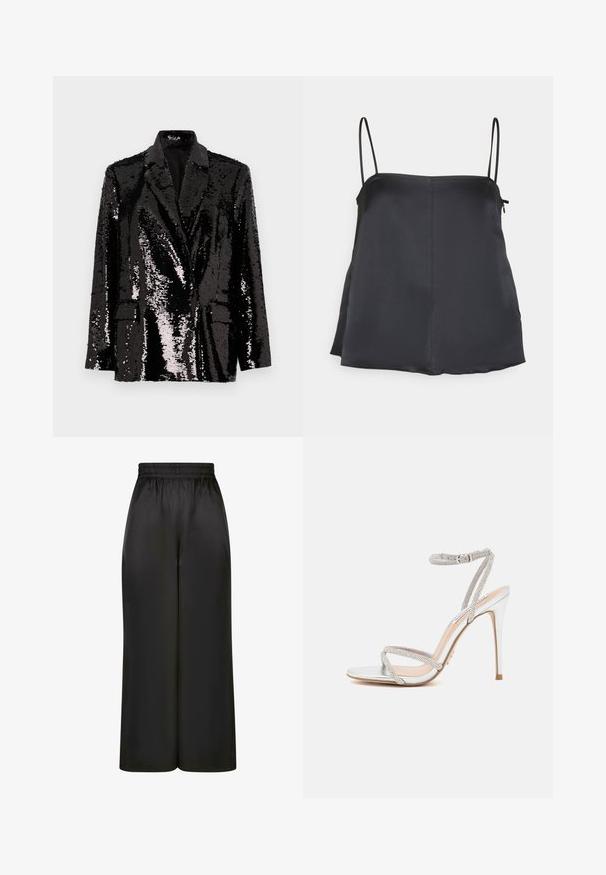 Blazer noir en sequins avec des manches longues, un col à revers, deux poches avant et une doublure intérieure lisse. Texture de surface brillante.; House of Dagmar SHINY STRAP TOP - Débardeur - dark navy; Pantalons larges noirs en tissu lisse et brillant, avec une taille élastique et sans poches ni détails en métal visibles.; Sandale à talons hauts en argent avec des fines lanières, ornée de strass, présentant un design épuré et un bout pointu.