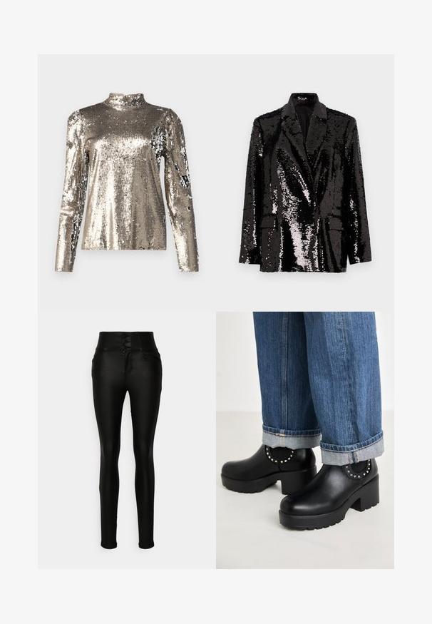Blazer noir en sequins avec des manches longues, un col à revers, deux poches avant et une doublure intérieure lisse. Texture de surface brillante.; Haut à manches longues et col haut recouvert de sequins argentés. Présente une texture lisse avec une silhouette ajustée et des détails de conception à épaules bouffantes.; Vero Moda Tall VMDONNA SKINNY PANTS - Jeans Skinny - black; Koi Footwear ANISE CHELSEA BOOTS - Bottines à plateau - black