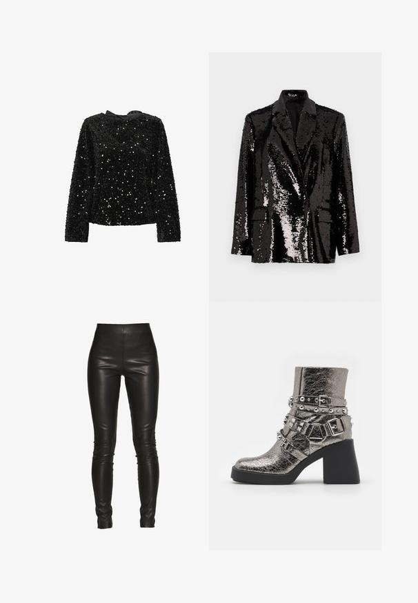 Zwarte sequin blazer met lange mouwen, een notch-kraag, twee voorzakken en een gladde binnenvoering. Glanzende oppervlakte textuur.; Zwarte pailletten top met lange mouwen, ronde halslijn en satijnen lint aan de achterkant. Gelaagd oppervlak met afwisselende paillettenformaten voor glans.; Zwarte leren legging met een hoge taille, slim fit, een gladde textuur en zonder zichtbare naden of hardware details.; Metallisch zilveren enkelboot met meerdere zwarte banden, zilveren studs en een chunky zwarte hak. Gegeneraliseerde oppervlakte met een glanzende afwerking.