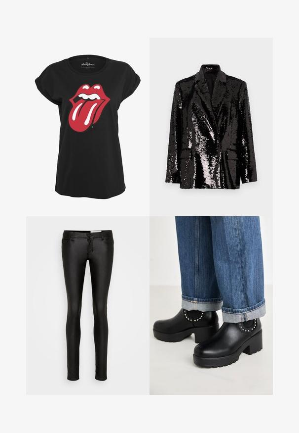 Blazer noir en sequins avec des manches longues, un col à revers, deux poches avant et une doublure intérieure lisse. Texture de surface brillante.; T-shirt noir en coton avec un motif graphique en rouge et blanc du logo des Rolling Stones représentant des lèvres et une langue sur le devant. Encolure ronde.; Jean skinny noir en tissu lisse et extensible. Caractéristiques : cinq poches, fermeture à bouton et finition légèrement brillante.; Koi Footwear ANISE CHELSEA BOOTS - Bottines à plateau - black