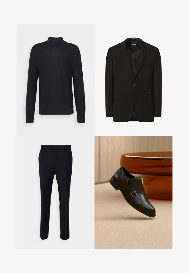 Sort blazer med spidse lapeller, enkelt knaplukning, to frontlommer, glat tekstur og indre foring. Mærke: BOSS.; Sort turtleneck sweater lavet af letvævet materiale, med lange ærmer og ribbede manchetter og bund. Subtil tonal branding på brystet.; Sorte bukser lavet af vævet stof, med en skræddersyet pasform, flad front, sidelommer og lige ben-design.; Sort læder dobbelt munkestropssko svæver over beige tæppe med buede brune møbler i baggrunden.