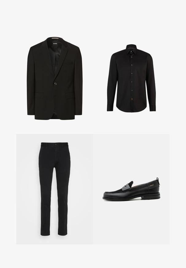 Blazer negro con solapas de muesca, cierre de botón único, dos bolsillos frontales, textura suave y forro interior. Etiqueta de la marca: BOSS.; Camisa negra de manga larga hecha de tela suave, con una parte delantera abotonada que presenta botones en contraste y un diseño de cuello clásico.; Chinos de algodón negros con un corte ajustado, que cuentan con una cintura estándar, bolsillos frontales y un solo bolsillo trasero. Textura suave y detalles mínimos.; Mocasín de cuero negro con detalle de tira gris, tacón bajo y suela texturizada, con la marca "HUGO" en oro en el lateral.