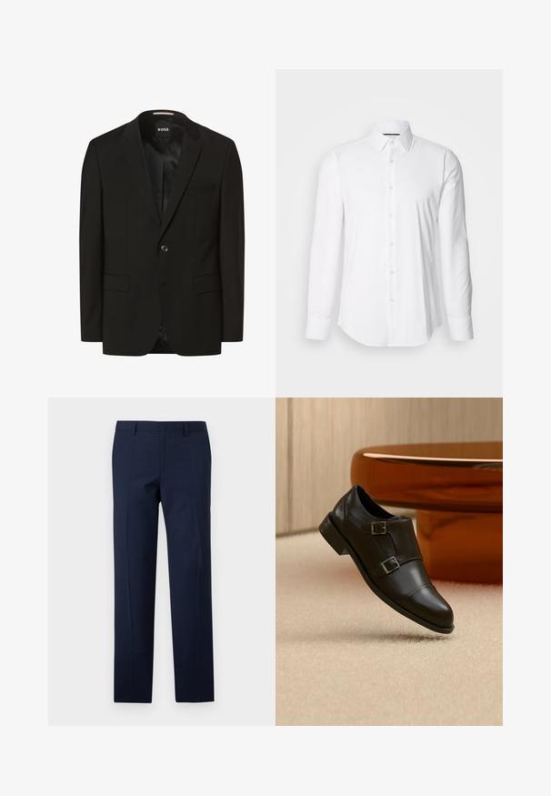 Zwarte blazer met een gesneden revers, enkele knoopsluiting, twee voorkruimelzakken, een gladde textuur en binnenvoering. Merkenlabel: BOSS.; Witte lange mouwen shirt van gladde stof, met een klassieke kraag en een knoopsluiting aan de voorkant met een gebogen zoom. Knopen hebben een subtiele glans.; Marineblauwe broeken met een getailleerde pasvorm, met een gladde textuur, scherpe plooien en een vlakke voorkant. Verborgen ritssluiting.; Zwarte leren dubbele monkstrap-schoen zwevend boven een beige tapijt, met gebogen bruine meubels op de achtergrond.