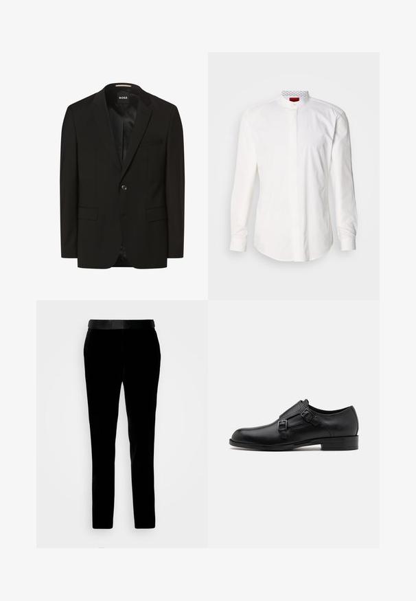 Sort blazer med spidse lapeller, enkelt knaplukning, to frontlommer, glat tekstur og indre foring. Mærke: BOSS.; Hvid langærmet skjorte med høj krave, lavet af bomuld. Har en forlomme foran, minimalistisk design og subtil branding på den indvendige krave.; Sorte fløjlsbukser med en skræddersyet pasform, glat tekstur og en matchende talje. Har lige ben og sidelommer.; Sort læderherresko med dobbelte spænder, slank silhuet og rund tå. Har en lav hæl og glat tekstur.