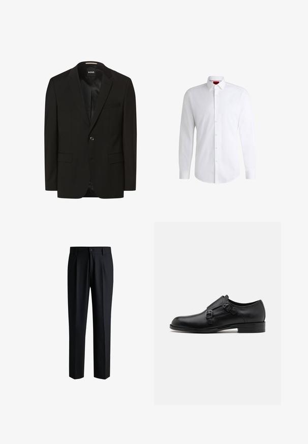 Schwarzer Blazer mit Reverskragen, einem Knopfverschluss, zwei Fronttaschen, glatter Textur und Innenfutter. Markenlabel: BOSS.; Weißes Herrenhemd aus glattem Stoff mit klassischem Kragen, langen Ärmeln und abgerundetem Saum. Mit eleganten beigen Knöpfen an der Vorderseite.; Schwarze Hose aus glattem Stoff, mit geradem Bein-Design, Falten vorne und einem Knopfverschluss mit Gürtelschlaufen.; Schwarze Leder- Schnürschuhe mit doppelten Schnallen, schlanker Silhouette und runder Zehenpartie. Sie verfügen über einen niedrigen Absatz und eine glatte Textur.