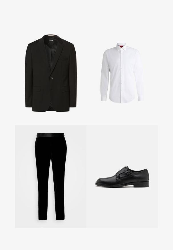 Blazer noir avec un col cranté, fermeture à un bouton, deux poches avant, texture lisse et doublure intérieure. Étiquette de la marque : BOSS.; Chemise blanche à manches longues en tissu lisse avec un col classique et un ourlet arrondi. Présente des boutons beiges à l'avant.; Pantalon en velours noir à coupe ajustée, texture lisse et ceinture assortie. Il présente des jambes droites et des poches latérales.; Chaussure habillée en cuir noir avec double boucle, silhouette élégante et bout rond. Dispose d'un petit talon et d'une texture lisse.