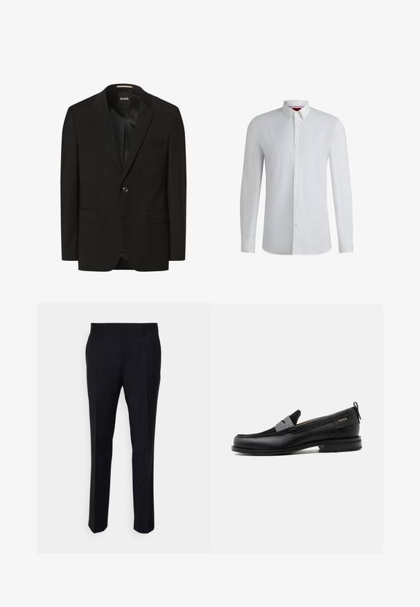 Zwarte blazer met een gesneden revers, enkele knoopsluiting, twee voorkruimelzakken, een gladde textuur en binnenvoering. Merkenlabel: BOSS.; Witte lange mouwen shirt met een kraag met knopen, met een zachte textuur, rechte snit en subtiele details langs de voorkant van de knoopsluiting.; Zwarte broeken gemaakt van geweven stof, met een getailleerde pasvorm, een vlakke voorkant, zijzakken en een rechte pijpdesign.; Zwarte leren loafer met grijs riemdetailelement, lage hak en gestructureerde zool, aan de zijkant gebrandmerkt met "HUGO" in goud.