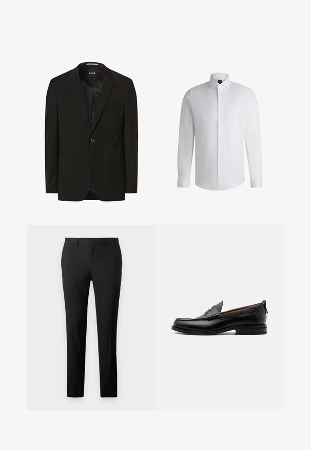 Blazer negro con solapas de muesca, cierre de botón único, dos bolsillos frontales, textura suave y forro interior. Etiqueta de la marca: BOSS.; Camisa blanca de manga larga hecha de algodón suave, con un cuello clásico, botonera completa y puños abotonados. Diseño minimalista.; Pantalones negros a medida en una tela suave. Presentan un diseño de pierna recta, pliegues frontales y trabillas para cinturón para un tamaño ajustable.; Mocasín de hombre de piel negra con costura moc toe, tira penny, cuello texturizado y tacón bajo apilado sobre fondo blanco.