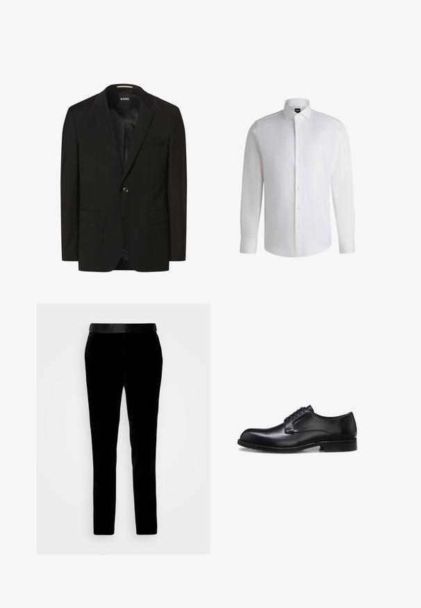 Zwarte blazer met een gesneden revers, enkele knoopsluiting, twee voorkruimelzakken, een gladde textuur en binnenvoering. Merkenlabel: BOSS.; Witte lange mouwen shirt van soepel katoen, met een klassieke kraag, volledige knoopsluiting en knoopmanchetten. Minimalistisch ontwerp.; Zwarte fluwelen broek met een getailleerde pasvorm, gladde textuur en een bijpassende tailleband. Heeft rechte pijpen en zijzakken.; Zwarte gepolijste leren herenschoen met gesloten vetersluiting, lage hak en subtiel merkteken nabij de hiel op een witte achtergrond.