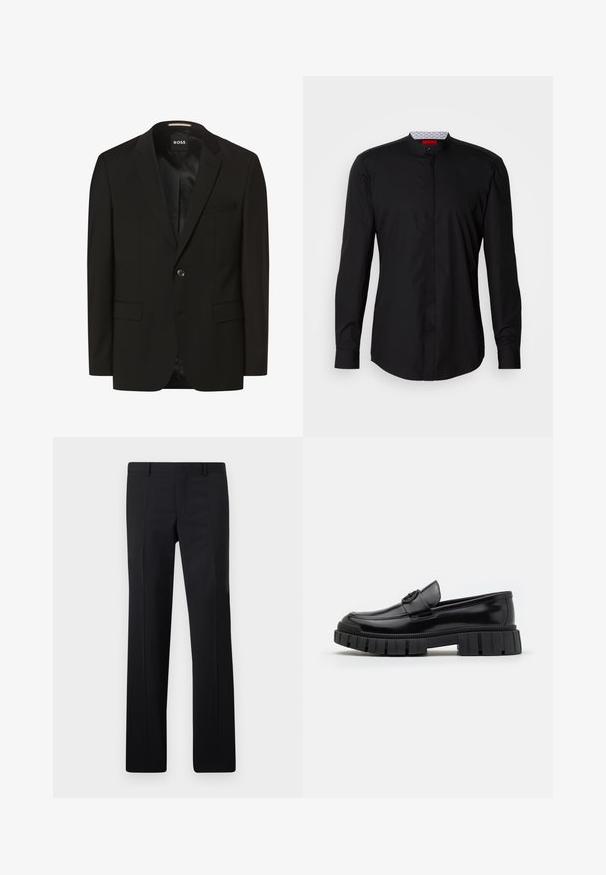 Sort blazer med spidse lapeller, enkelt knaplukning, to frontlommer, glat tekstur og indre foring. Mærke: BOSS.; Sort langærmet skjorte med mandarin-krave, lavet af et glat stof, med knaplukning foran og diskrete designdetaljer.; Sorte skræddersyede bukser med et lige ben design, skarpe folder og en glat overflade. Fremstillet af letvægtsstof med en ren talje.; Sorte læderloafers med tykke, rillet gummisåler. Har en rund tå og en dekorativ rem med et logoaccent. Glat overflade.