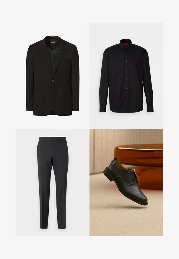 Blazer noir avec un col cranté, fermeture à un bouton, deux poches avant, texture lisse et doublure intérieure. Étiquette de la marque : BOSS.; Chemise noire à manches longues en tissu lisse, avec un col classique, un fermeture à boutons à l'avant et une coupe ajustée.; Pantalons tailleur gris foncé avec une texture lisse, coupe slim, devant plat et passants de ceinture, conçus pour une tenue formelle ou professionnelle.; Chaussure habillée pour homme en cuir noir à lacets flottant au-dessus d'un tapis beige, avec une table basse ronde marron en arrière-plan.