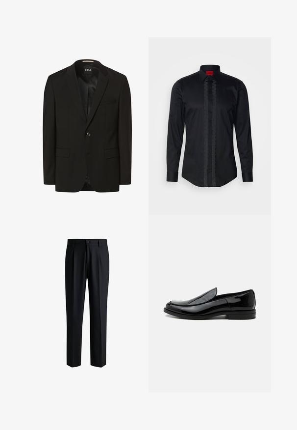 Blazer noir avec un col cranté, fermeture à un bouton, deux poches avant, texture lisse et doublure intérieure. Étiquette de la marque : BOSS.; Chemise noire à manches longues en coton avec un plastron texturé à l'avant, dotée d'un col pointu et d'une fermeture à boutons. Étiquette HUGO rouge.; Pantalons noirs en tissu lisse, avec une coupe droite, des plis à l'avant et une fermeture à bouton avec passants de ceinture.; Chaussure de ville noire en cuir brillant à enfiler, avec talon bas et bout arrondi, vue de côté sur fond blanc uni.