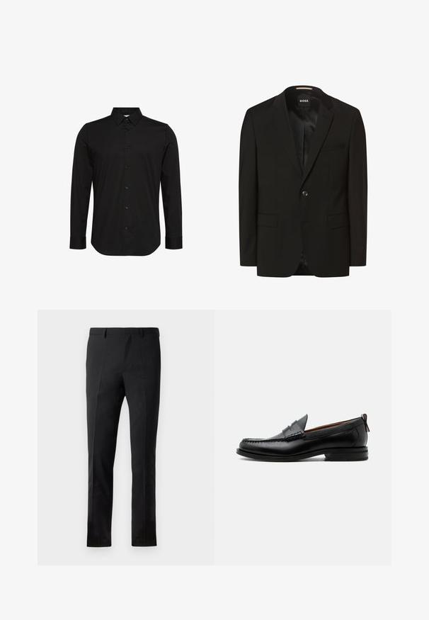 Blazer negro con solapas de muesca, cierre de botón único, dos bolsillos frontales, textura suave y forro interior. Etiqueta de la marca: BOSS.; Camisa negra de manga larga hecha de tela suave, con un cuello puntiagudo, cierre frontal con botones y un pequeño logo en el pecho.; Pantalones negros con un corte ajustado, que presentan un frente plano, dos pliegues, pasadores para cinturón y una textura suave. Sin patrones ni accesorios visibles.; Mocasín de hombre de piel negra con costura moc toe, tira penny, cuello texturizado y tacón bajo apilado sobre fondo blanco.