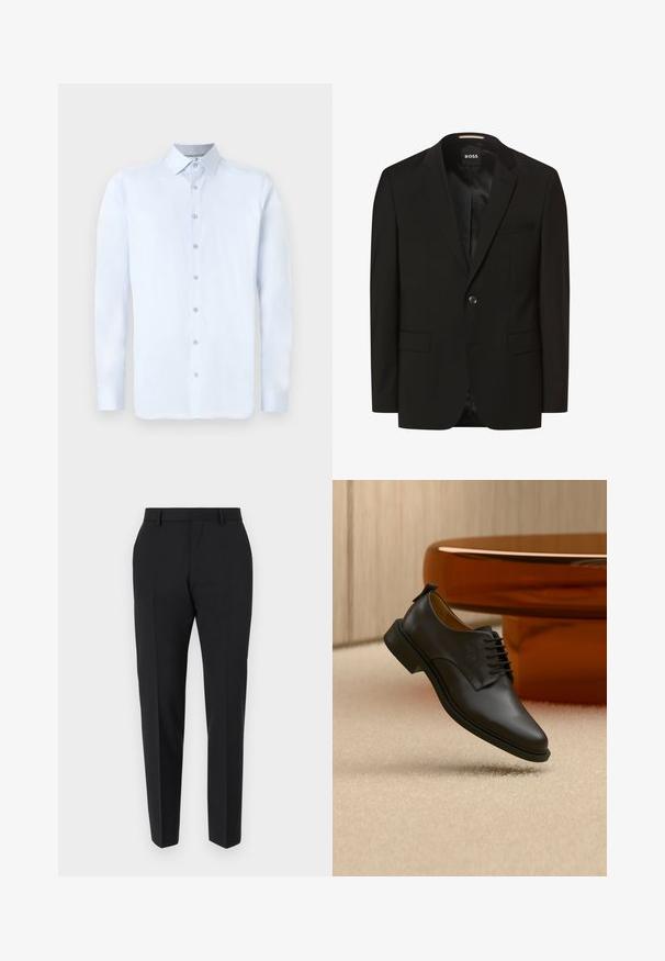 Blazer noir avec un col cranté, fermeture à un bouton, deux poches avant, texture lisse et doublure intérieure. Étiquette de la marque : BOSS.; Chemise à manches longues bleu clair avec un col pointu, fermeture à boutons à l'avant et texture lisse. Présente des accents de boutons argentés sur le plastron.; Pantalons noirs au design ajusté, avec un devant plat, des détails de plis et une coupe élégante. Fabriqués en tissu lisse pour un look raffiné.; Chaussure habillée pour homme en cuir noir à lacets flottant au-dessus d'un tapis beige, avec une table basse ronde marron en arrière-plan.