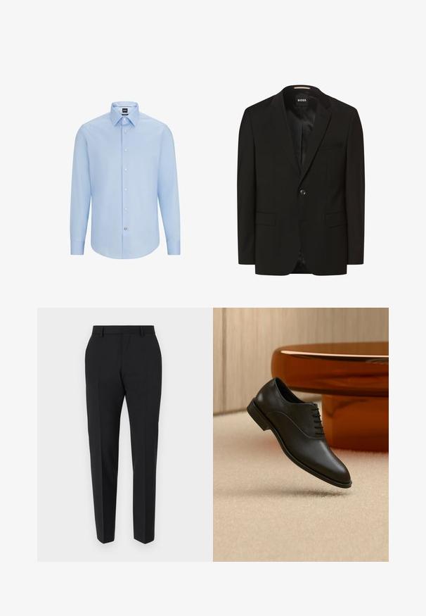 Zwarte blazer met een gesneden revers, enkele knoopsluiting, twee voorkruimelzakken, een gladde textuur en binnenvoering. Merkenlabel: BOSS.; Lichtblauwe, langslijpende overhemD met klassieke kraag, gemaakt van een soepele stof. Voorzien van witte knopen aan de voorkant en cuffs.; Zwarte broek met een maatwerkontwerp, met een vlakke voorkant, plooidetails en een slanke pasvorm. Gemaakt van een gladde stof voor een verfijnde uitstraling.; Zwarte gepolijste leren veterschoen zweeft boven een beige tapijt, met een grote ronde glazen tafel in amberkleur op de achtergrond.