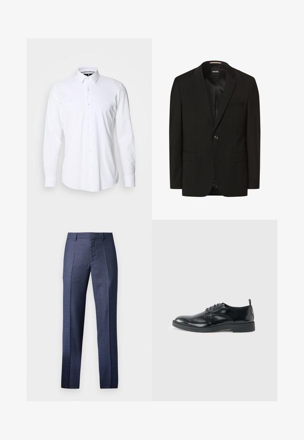 Sort blazer med spidse lapeller, enkelt knaplukning, to frontlommer, glat tekstur og indre foring. Mærke: BOSS.; Hvid langærmet skjorte med knapper lavet af glat stof, med spids krave og regulær pasform. Har en frontlås med seks knapper.; Mænds navy dressbukser, lavet af et struktureret stof, med en skræddersyet pasform, flad front og to skarpe folder, der løber ned ad benene.; Blank sort læder dresssko med lav hæl, snørelukning og rund tå, vist fra siden på ensfarvet lys baggrund.