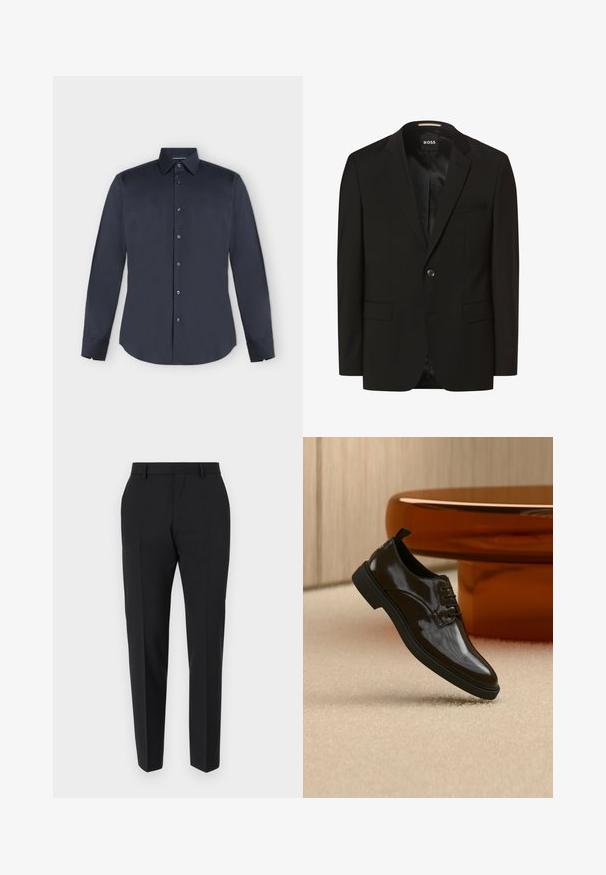 Blazer noir avec un col cranté, fermeture à un bouton, deux poches avant, texture lisse et doublure intérieure. Étiquette de la marque : BOSS.; Chemise habillée pour homme à manches longues, bleu marine foncé, boutonnée, col pointu et poignets boutonnés sur fond gris clair.; Pantalons noirs au design ajusté, avec un devant plat, des détails de plis et une coupe élégante. Fabriqués en tissu lisse pour un look raffiné.; Chaussure habillée noire brillante en cuir à lacets flottant au-dessus d'un tapis beige avec une table ronde marron brillante en arrière-plan.