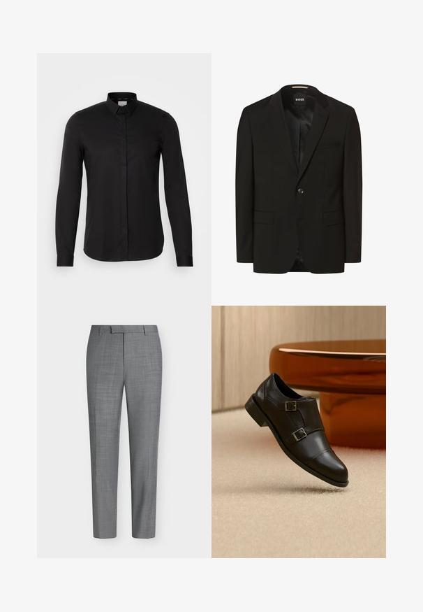 Zwarte blazer met een gesneden revers, enkele knoopsluiting, twee voorkruimelzakken, een gladde textuur en binnenvoering. Merkenlabel: BOSS.; Zwarte langarmshirt van gladde stof, met een button-down kraag, een voorpannetje en een subtiele logo detail op de borst.; Grijze slim-fit pantalon met een subtiel ruitpatroon, ceintuurlussen en een vlakke voorkant tegen een effen witte achtergrond.; Zwarte leren dubbele monkstrap-schoen zwevend boven een beige tapijt, met gebogen bruine meubels op de achtergrond.