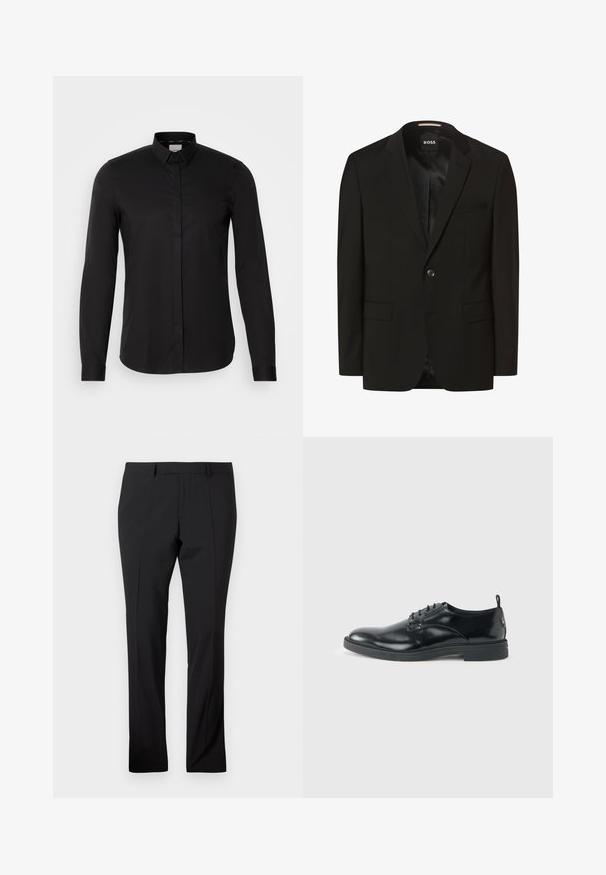 Zwarte blazer met een gesneden revers, enkele knoopsluiting, twee voorkruimelzakken, een gladde textuur en binnenvoering. Merkenlabel: BOSS.; Zwarte langarmshirt van gladde stof, met een button-down kraag, een voorpannetje en een subtiele logo detail op de borst.; Zwarte op maat gemaakte broeken met riemlussen, een voorkreuk en een rechte pijp op een effen witte achtergrond.; Glanzende zwarte lederen nette schoen met lage hak, vetersluiting en ronde neus, van opzij getoond tegen een effen lichte achtergrond.