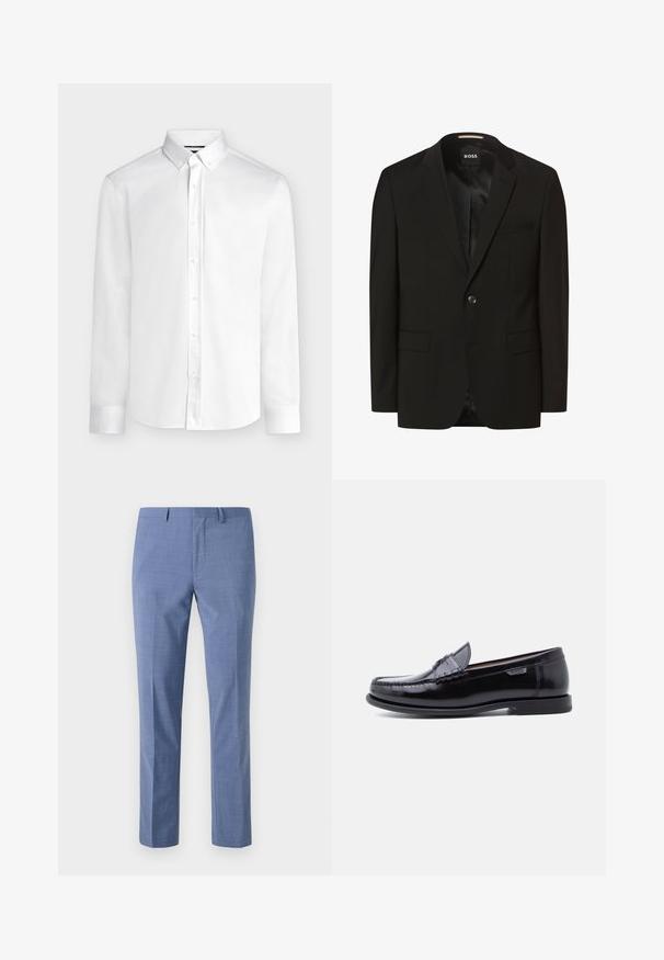 Blazer negro con solapas de muesca, cierre de botón único, dos bolsillos frontales, textura suave y forro interior. Etiqueta de la marca: BOSS.; Camisa blanca de manga larga con botones, cuello abotonado y puños estándar, mostrada sobre un fondo liso de color gris claro.; Pantalones de vestir azul claro, corte ajustado, tejido texturizado, parte frontal plana, bolsillos laterales inclinados y una cintura suave con pasadores para cinturón.; Mocasines de cuero negro con acabado brillante, que presentan un diseño cosido en la puntera y una suela baja de goma negra texturizada.