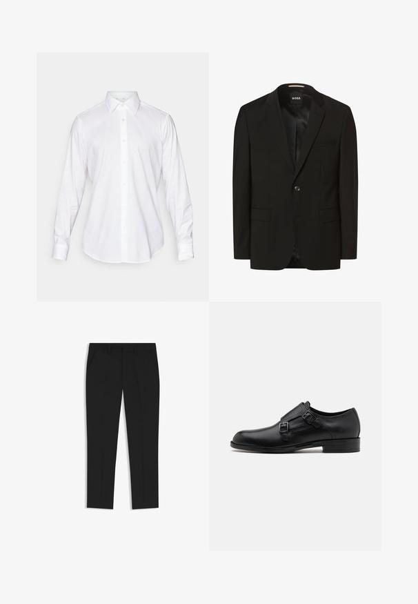 Sort blazer med spidse lapeller, enkelt knaplukning, to frontlommer, glat tekstur og indre foring. Mærke: BOSS.; Hvid langærmet skjorte med knaplukning, klassisk krave, glat stof og frontplacket med lette, rundede knapper.; Sorte skræddersyede bukser med lige ben-design, der har to sidelommer og frynser foran for struktur, lavet af et glat stof.; Sort læderherresko med dobbelte spænder, slank silhuet og rund tå. Har en lav hæl og glat tekstur.