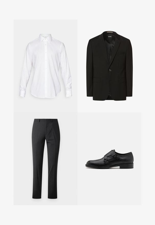 Sort blazer med spidse lapeller, enkelt knaplukning, to frontlommer, glat tekstur og indre foring. Mærke: BOSS.; Hvid langærmet skjorte med knaplukning, klassisk krave, glat stof og frontplacket med lette, rundede knapper.; Skræddersyede mørkegrå bukser med en glat tekstur, slim fit, flad front og standard talje. Har pressede folder og ingen synlige mønstre.; Sort læderherresko med dobbelte spænder, slank silhuet og rund tå. Har en lav hæl og glat tekstur.