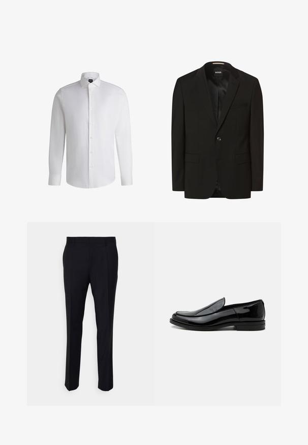 Schwarzer Blazer mit Reverskragen, einem Knopfverschluss, zwei Fronttaschen, glatter Textur und Innenfutter. Markenlabel: BOSS.; Weißes Langarmhemd aus glattem Baumwollstoff, mit klassischem Kragen, durchgehender Knopfleiste und geknöpften Manschetten. Minimalistisches Design.; Schwarze Hose aus gewebtem Stoff, mit taillierter Passform, flachem Bund, seitlichen Taschen und geradem Bein.; Schwarzer glänzender Lederslipper mit niedrigem Absatz und abgerundeter Spitze, seitlich auf weißem Hintergrund betrachtet.