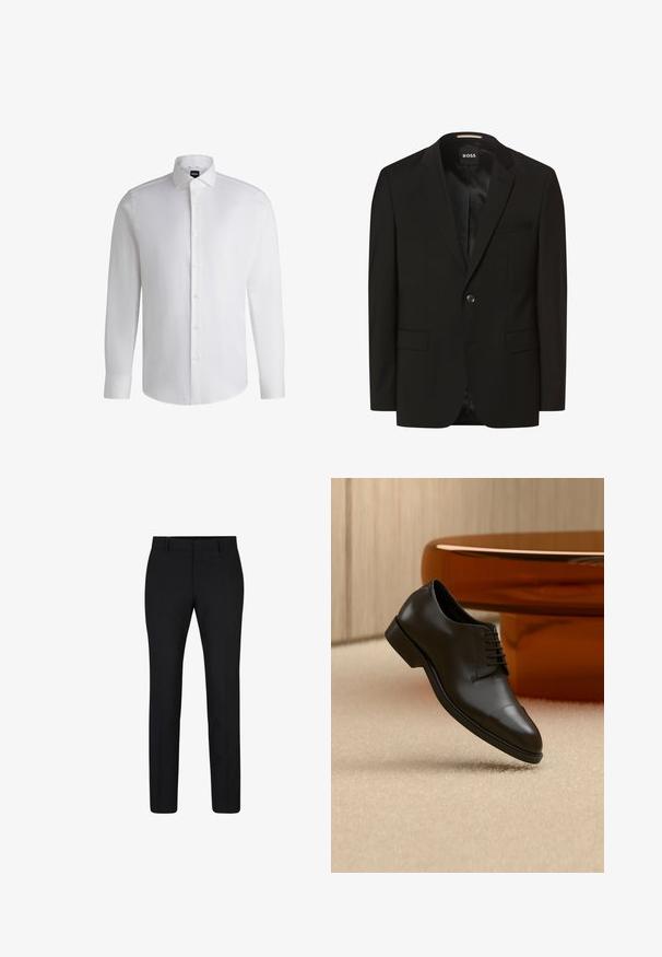 Sort blazer med spidse lapeller, enkelt knaplukning, to frontlommer, glat tekstur og indre foring. Mærke: BOSS.; Hvid langærmet skjorte lavet af glat bomuld, med klassisk krave, fuld knaplukning og knapmanchetter. Minimalistisk design.; Sorte skræddersyede bukser med flad front, lige ben, bæltestropper og lynlås. Fremstillet af vævet stof med en glat tekstur.; Sort lædersko med snørebånd svævende over beige tæppe, orange rundt bord i baggrunden.