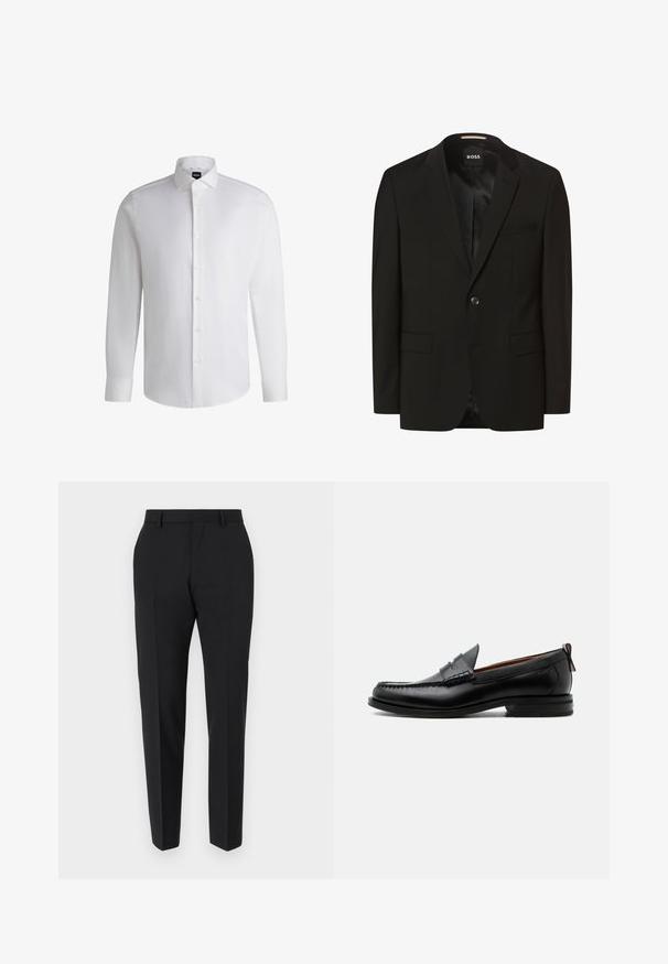 Schwarzer Blazer mit Reverskragen, einem Knopfverschluss, zwei Fronttaschen, glatter Textur und Innenfutter. Markenlabel: BOSS.; Weißes Langarmhemd aus glattem Baumwollstoff, mit klassischem Kragen, durchgehender Knopfleiste und geknöpften Manschetten. Minimalistisches Design.; Schwarze Hose mit maßgeschneidertem Design, flacher Vorderseite, Faltendetails und schlanker Passform. Aus einem glatten Stoff für einen eleganten Look.; Schwarzer Leder-Herrenschuh mit Mokassinnaht, Penny-Riemen, strukturiertem Kragen und niedrigem gestapeltem Absatz auf weißem Hintergrund.