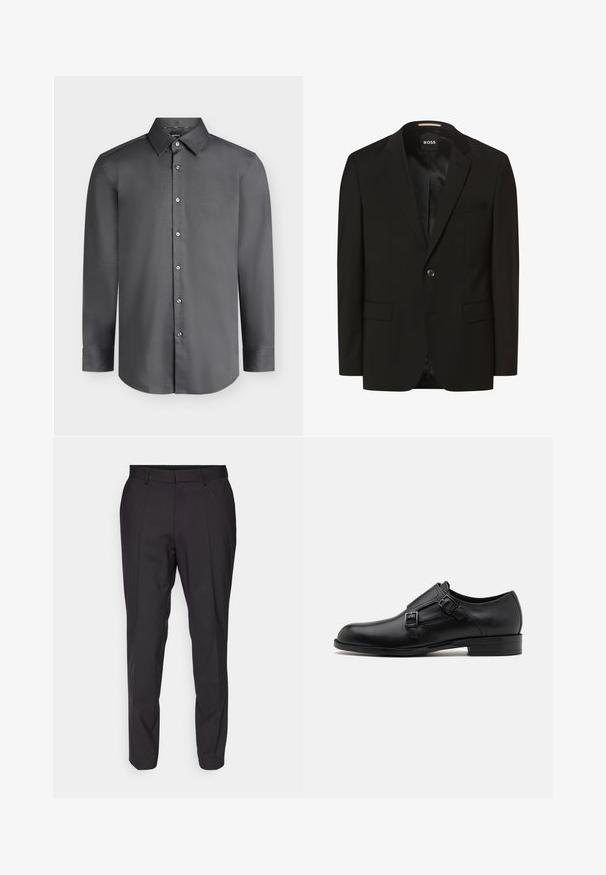 Sort blazer med spidse lapeller, enkelt knaplukning, to frontlommer, glat tekstur og indre foring. Mærke: BOSS.; Mørkegrå langærmet herreskjorte med spids krave og knapper foran, vist på en lysegrå baggrund.; Sorte skræddersyede bukser med lige snit, der har flad forside, bæltestropper og en glat overflade. Ingen synlige mønstre eller detaljer.; Sort læderherresko med dobbelte spænder, slank silhuet og rund tå. Har en lav hæl og glat tekstur.