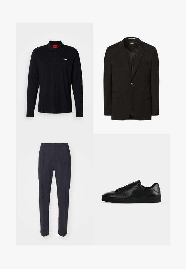 Sort blazer med spidse lapeller, enkelt knaplukning, to frontlommer, glat tekstur og indre foring. Mærke: BOSS.; Sort langærmet polo skjorte lavet af bomuld, med en rød krave og tre-knap lukning, samt et hvidt "HUGO" logo på brystet.; Marineblå bukser med skræddersyet design, flad front og to forkert. Fremstillet af glat stof med standard hoftebånd og knaplukning.; Svært lavprofileret sort lædersneaker med snørebånd foran og tekstureret flad sål, vist fra siden på en neutral baggrund.