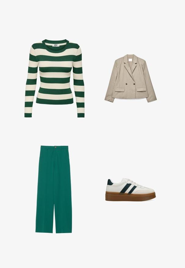 Blazer cruzado beige con raya diplomática, solapas con muesca, dos botones y dos bolsillos delanteros con solapa, colocado sobre un fondo blanco.; Suéter de manga larga a rayas verde y crema, de canalé, con cuello redondo y forma ajustada, que presenta una textura de punto en contraste.; Pantalones de pierna ancha verdes hechos de una tela suave, que cuentan con dos bolsillos frontales, un cierre de botón y un diseño limpio y ajustado.; Zapatilla blanca con rayas verdes, suela de goma y un diseño elegante. Presenta un acabado texturizado y cordones planos.