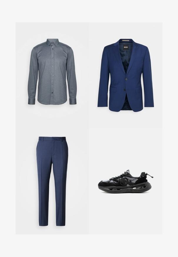 Blazer azul marino hecho de tela suave, con solapa muestrada, cierre de un solo botón y dos bolsillos frontales. El interior está forrado.; Camisa de manga larga abotonada en tela gris oscuro, con cuello, botones frontales y puños. Textura suave con un diseño ajustado.; Pantalones entallados azul marino hechos de tela suave, con frente plano, trabillas para cinturón y pliegues prensados para un aspecto limpio.; Zapatilla deportiva en blanco y negro con parte superior de malla, suela gruesa con cojín de aire abierto y tira ajustable con cordón en el talón.