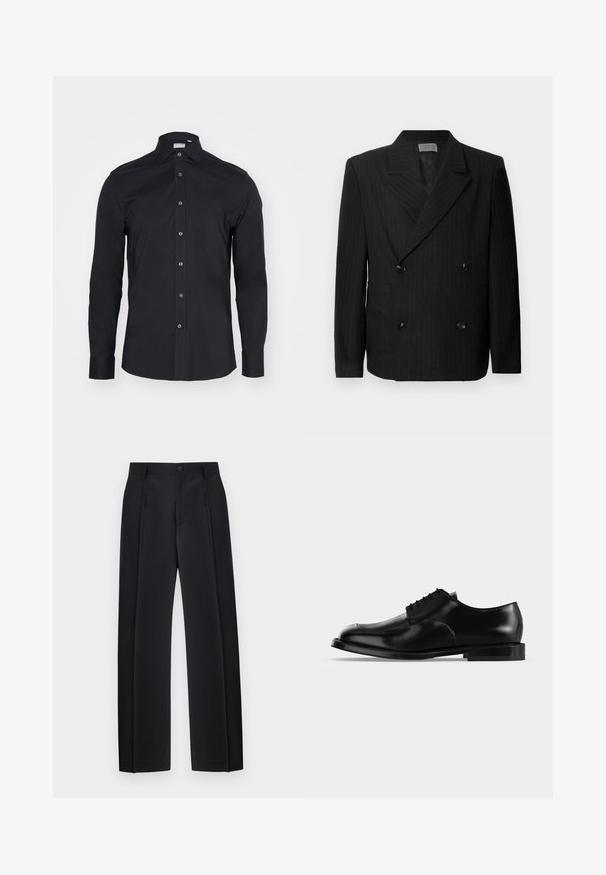 Schwarzer doppelt-knopfblazer mit dezenten weißen Nadelstreifen, Reverskragen, vier schwarzen Knöpfen und zwei Fronttaschen.; Schwarze Langarm-Button-Up-Bluse mit klassischem Kragen. Hergestellt aus glattem Stoff, verfügt über Vorderknöpfe und abgerundete Manschetten.; Schwarze, maßgeschneiderte Hose mit geradem Bein, vorderen Falten, Gürtelschlaufen und Knopfverschluss am Bund.; Schwarzer Herrenschuh aus Leder mit Schnürung, glatter Oberfläche und niedrigem Absatz, seitlich auf hellem, einfarbigem Hintergrund dargestellt.