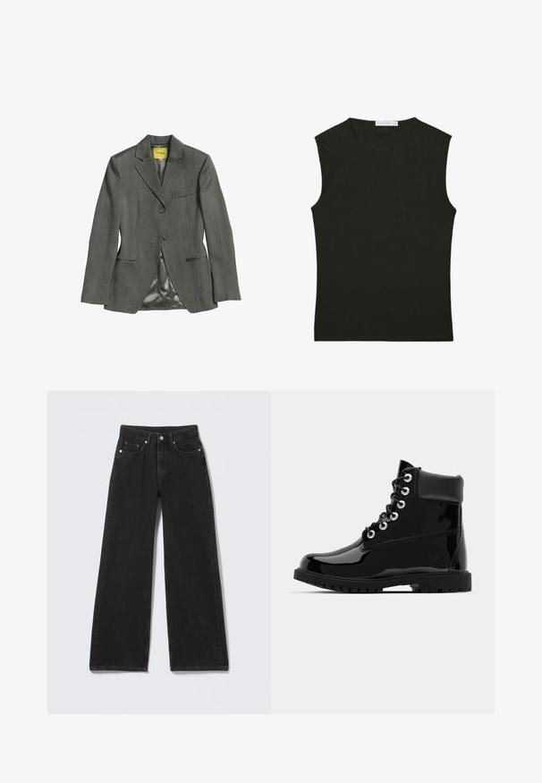 Dunkelgrauer, maßgeschneiderter Blazer mit zwei Knöpfen, drei Fronttaschen und Satinfutter innen, flach auf weißem Hintergrund ausgelegt.; Schwarzes ärmelloses Top aus glattem Stoff; figurbetontes Design mit rundem Ausschnitt; keine sichtbaren Muster oder Akzente.; Schwarze High-Waist-Weitbein-Jeans mit vorderer Knopf- und Reißverschluss, Gürtelschlaufen und fünf Vordertaschen auf hellem Hintergrund.; Schwarze, glänzende Knöchelstiefel mit einer glatten Lackleder-Oberfläche, runder Zehenform, Schnürung mit sechs Ösen und einer robusten Gummisohle.