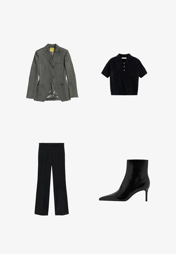 Mørkegrå skræddersyet blazer med to knapper, tre forlommer og satinforing indeni, lagt fladt på en hvid baggrund.; Sort kortærmet fuzzy polo shirt med tre hvide knapper og en klassisk krave, præsenteret på en hvid baggrund.; Sorte bukser med lige pasform, lavet af glat stof. Har en talje med bæltestropper og ingen synlige mærker eller dekorationer.; Sort ankelstøvle med spidse tådesignet, lavet af blank læder. Har en stilettohæl og glat tekstur. Ingen synlige dekorationer.