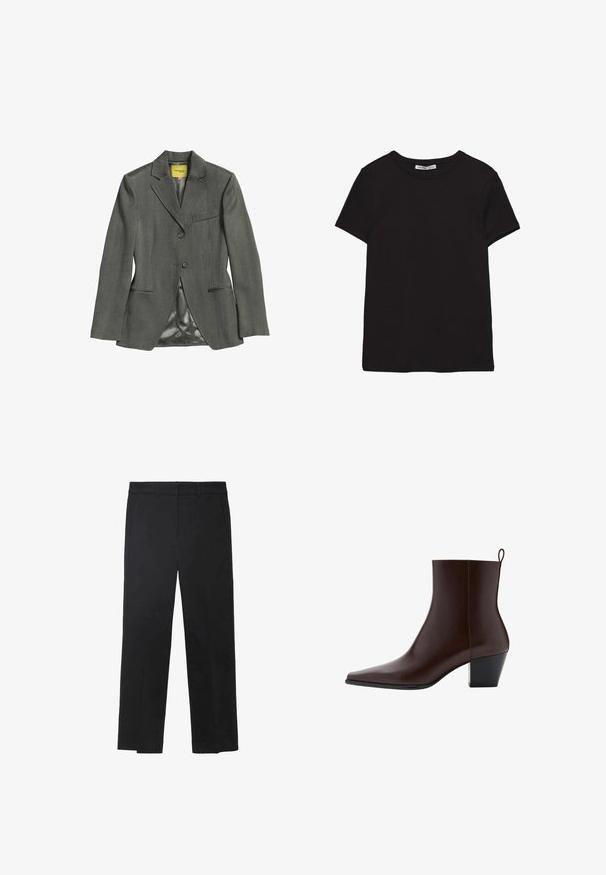 Blazer gris foncé sur mesure avec deux boutons, trois poches avant et doublure en satin à l'intérieur, posé à plat sur un fond blanc.; T-shirt noir en coton à manches courtes avec encolure ronde, coupe standard et étiquette intérieure visible au niveau du col.; Pantalon noir en tissu lisse, avec une coupe droite, des passants pour ceinture et deux poches avant. Design sur mesure avec des lignes épurées.; Bottine en cuir marron foncé avec bout pointu, petit talon bloc et languette à l’arrière sur fond blanc.