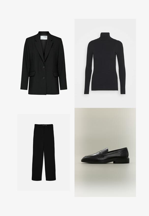 Čierny blazer vyrobený z hladkého materiálu, s režným golierom, dvoma gombíkmi, prednými vreckami a jedným náprsním vreckom.; Čierny rebrovaný rolák, ktorý má dlhé rukávy a priliehavý strih. Textúra je hladká s horizontálnym rebrovaním.; Čierne nohavice s rovnými nohavicami, cvokmi na opasok, predným zipsom a bočnými vreckami, položené na svetlom pozadí.; Čierny kožený penny loafer s nízkym podpätkom, zaoblenou špičkou a prešitými detailmi na neutrálnom pozadí.