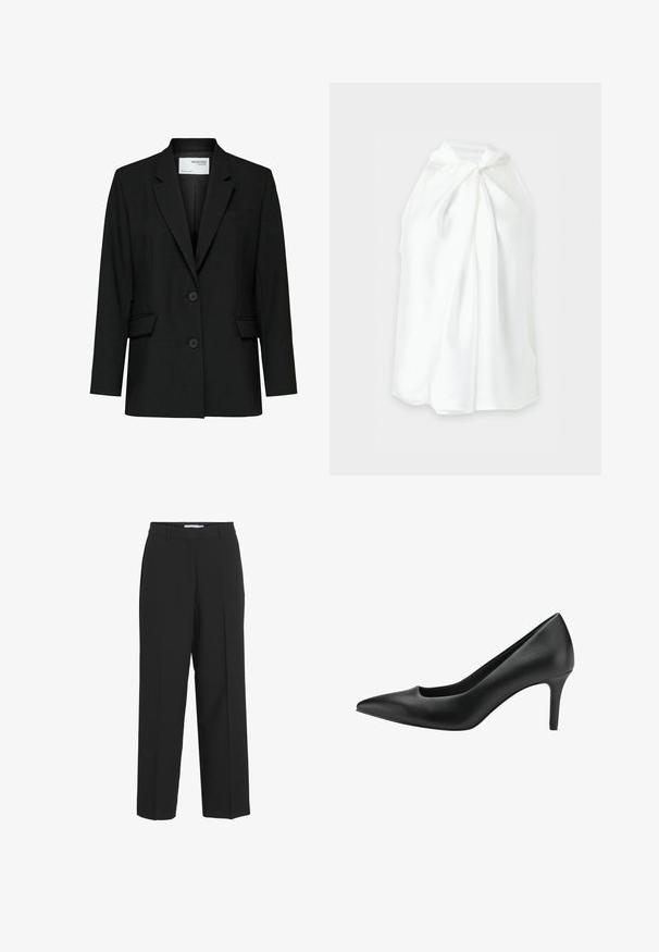 Blazer negro hecho de tela suave, con solapas muescas, dos botones, bolsillos delanteros y un bolsillo en el pecho.; Top blanco sin mangas con cuello halter, detalle de nudo en la parte delantera y tela suelta y fluida.; Pantalones negros de tejido suave, con un corte recto, una cinturilla con pasadores para cinturón y pliegues frontales para mayor estructura.; Zapato de tacón alto de cuero negro con punta afilada, que presenta un diseño recortado y un tacón de aguja delgado. Textura suave y silueta elegante.
