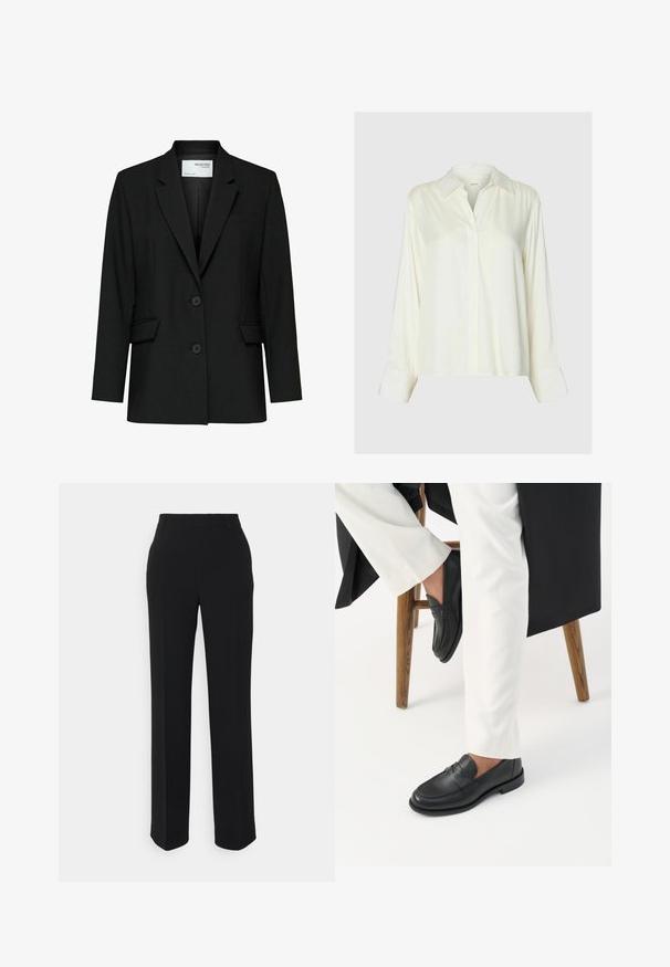 Veste noire en tissu lisse, avec un col cranté, deux boutons, des poches avant et une poche poitrine unique.; Blouse blanche en satin à manches longues avec col classique et patte de boutonnage cachée, présentée sur un fond uni gris clair.; Pantalons noirs à jambes droites avec une texture lisse. Dotés d'une taille et sans motifs ou accents visibles. Design classique et ajusté.; Personne portant des mocassins en cuir noir et un pantalon blanc assise sur un tabouret en bois devant un fond blanc.