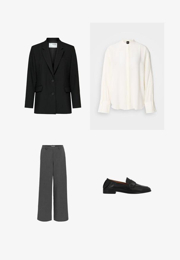 Veste noire en tissu lisse, avec un col cranté, deux boutons, des poches avant et une poche poitrine unique.; Blouse à manches longues crème en tissu lisse ; col mao, patte de boutonnage à l'avant, poignets boutonnés et coupe décontractée.; Pantalon large gris fabriqué en tissu texturé, avec une ceinture élastique et des poches avant pour un ajustement décontracté.; Mocassin noir en cuir à enfiler avec un petit talon, bout arrondi et une bride cousue sur le dessus.