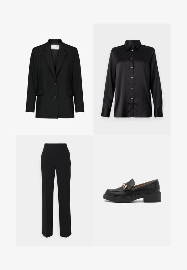 Čierny blazer vyrobený z hladkého materiálu, s režným golierom, dvoma gombíkmi, prednými vreckami a jedným náprsním vreckom.; Čierna saténová košeľa s dlhým rukávom, golierom, predným zapínaním na gombíky a manžetami na jeden gombík. Hladká textúra s mierne uvoľneným strihom.; Čierne nohavice so straight-leg strihom a hladkou textúrou. Obsahujú pás a nemajú viditeľné vzory alebo akcenty. Klasický a presne strihnutý dizajn.; Čierny kožený mokasín s masívnou podrážkou na platforme, ozdobený zlatým reťazovým detailom a viditeľným prešitím. Hladká textúra a elegantný dizajn.