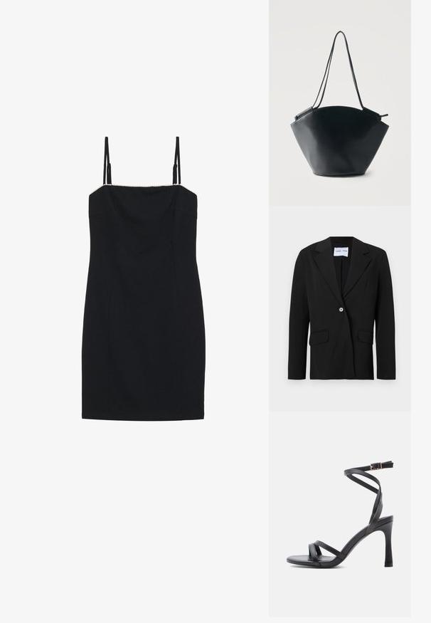 Schwarzer Ein-Knopf-Blazer mit Reverskragen und Pattentaschen, dargestellt auf weißem Hintergrund.; Schwarzes Mini-Kleid mit dünnen Trägern und geradem Ausschnitt. Es hat eine taillierte Silhouette und einen strukturierten Saum entlang des Ausschnitts.; Schwarze Sandaletten mit hohem Absatz und schlankem Design, ausgestattet mit zwei schmalen Riemen über den Zehen und einem gekreuzten Knöchelriemen mit Schnalle.; Schwarze Leder-Bucket-Bag mit breitem, abgerundetem Boden und schmalen, doppelten Schulterriemen vor hellem, einfarbigem Hintergrund.