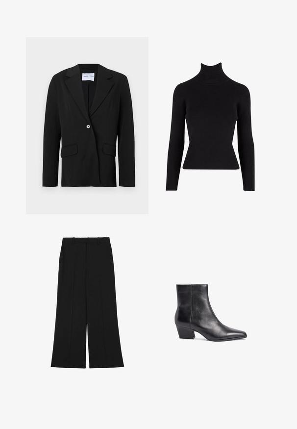 Sort enkeltknappet blazer med hakket reverskrave og klaplommer, vist på hvid baggrund.; Sort ribbet turtleneck sweater med lange ærmer, tætsiddende silhuet, tekstureret stof og høj hals.; Sorte bukser med vide ben lavet af et glat stof. De har høj talje, dobbelt forreste læg og bæltestropper. Ingen synlige lommer eller pynt.; Sorte læder ankelstøvler med spids tå, mellemhøj blokhæl og glat tekstur. Har et minimalistisk design uden synligt hardware.