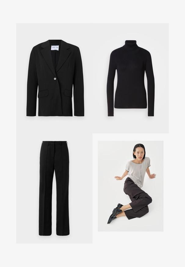 Sort enkeltknappet blazer med hakket reverskrave og klaplommer, vist på hvid baggrund.; Sort ribbet rullekravesweater med lange ærmer. Fremstillet af strikmateriale med en tætsiddende design. Glat tekstur og høj halsdetalje.; Sorte skræddersyede lige ben bukser med bæltestropper og pressefold langs forsiden, vist mod en neutral baggrund.; Lysegrå top med korte ærmer, mørke bukser med vide ben og sorte loafers. Glat stof, afslappet pasform og kontrastfarvet kant på skjorten.